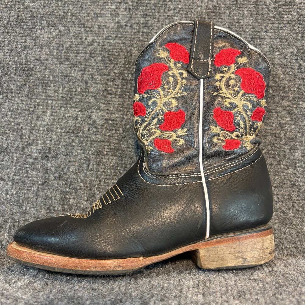 Potrillo Black Leather Floral Embroidered Square Western Cowboy Boots Youth 1-2